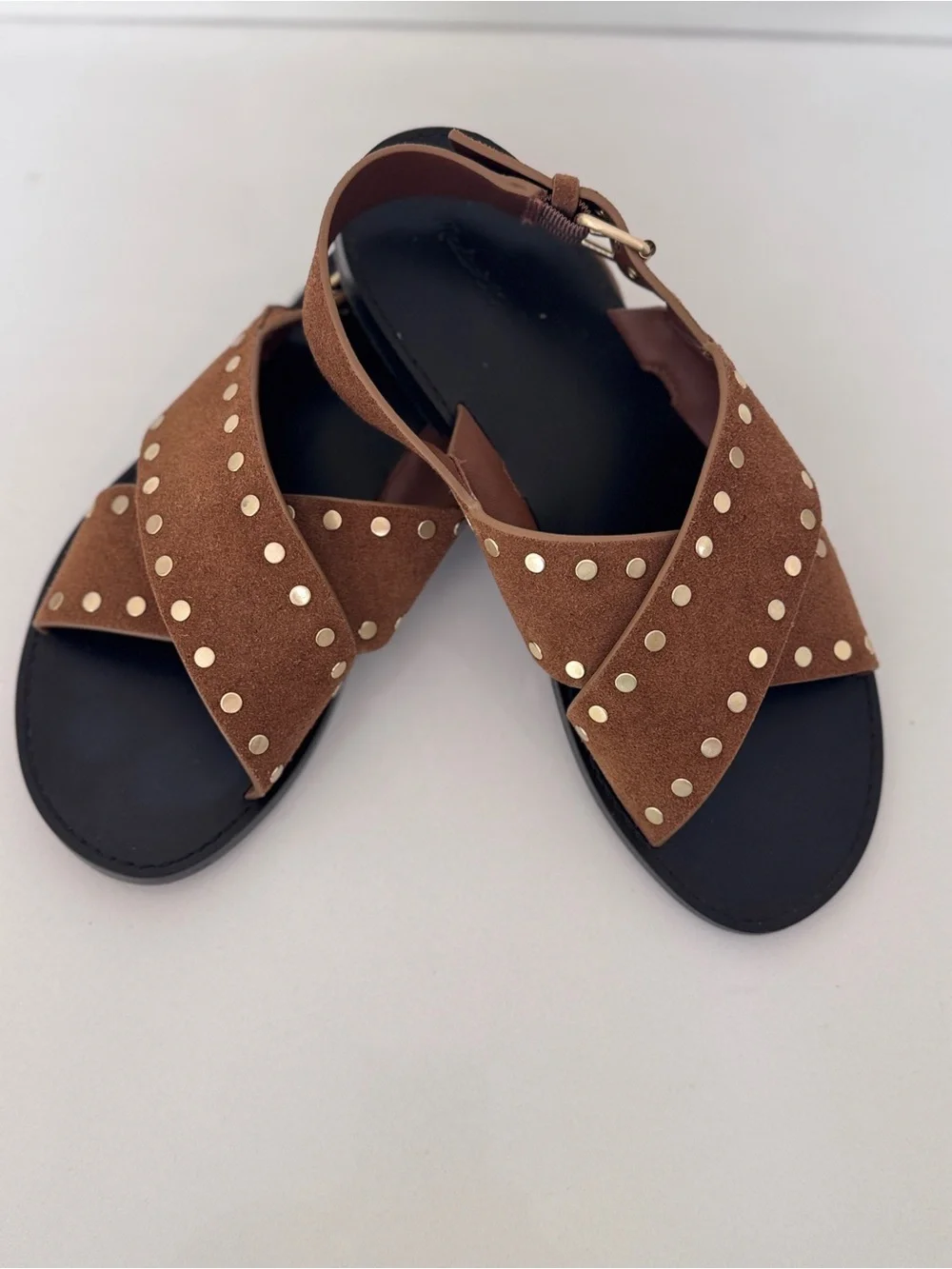 Madewell Brown Suede Crisscross Sandals with Gold Studs